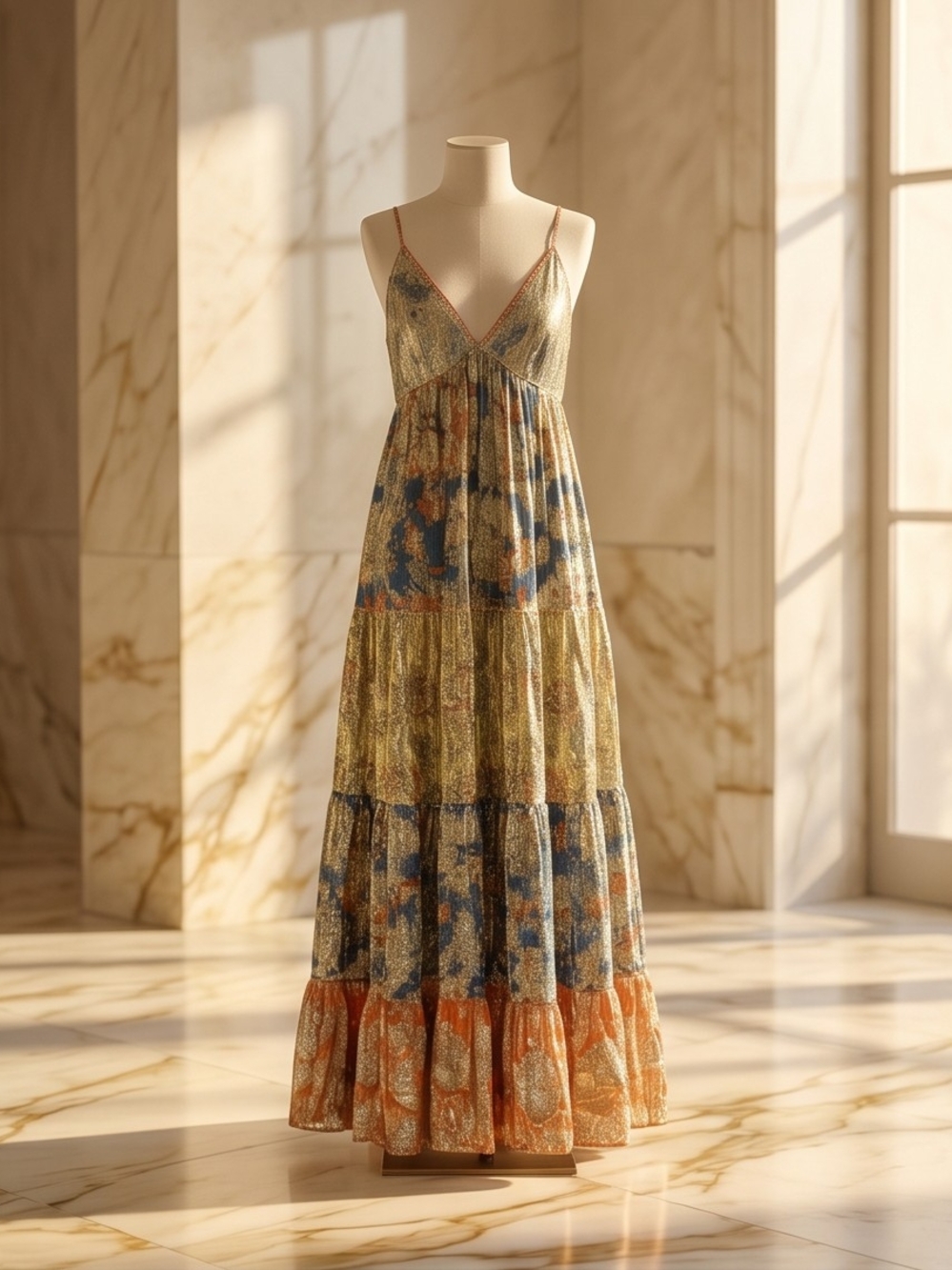 Flowy Romantic Sleeveless Maxi Dress W/Gold Threads Throughout, Blue & Rust